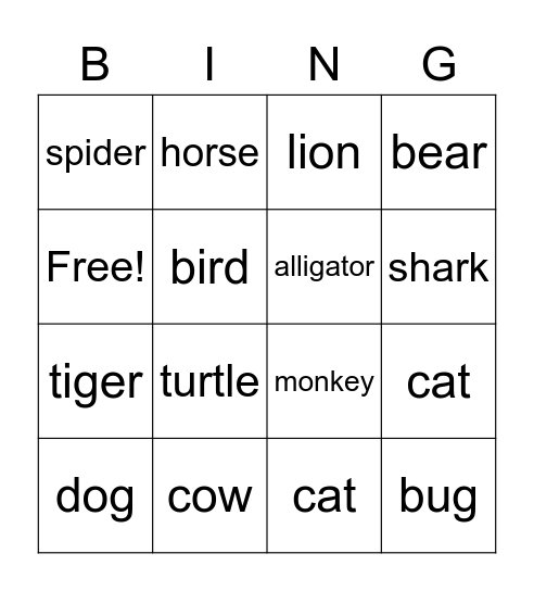 Animals Bingo Card