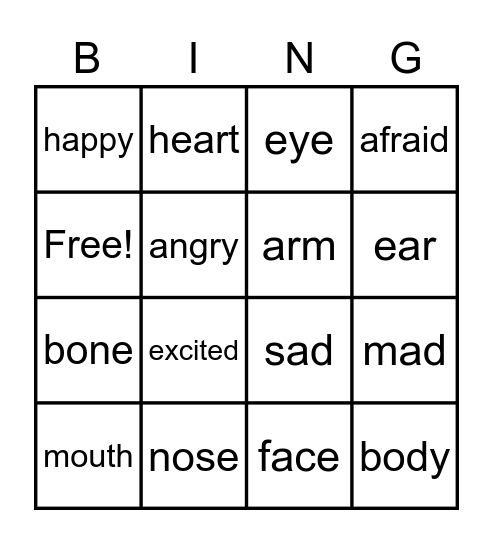 Feelings/Body Bingo Card
