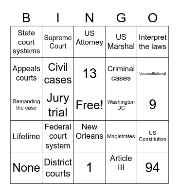 Judicial Branch Bingo Card