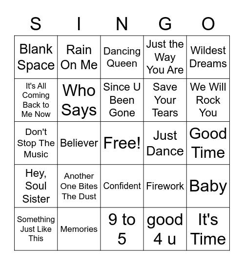 SING-O Bingo Card