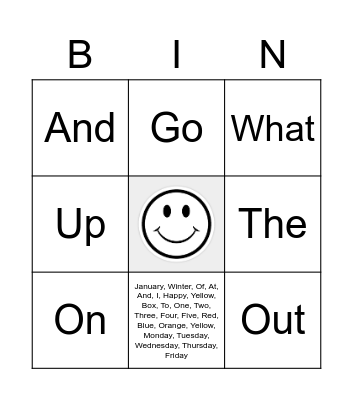 Sight Word Bingo Card