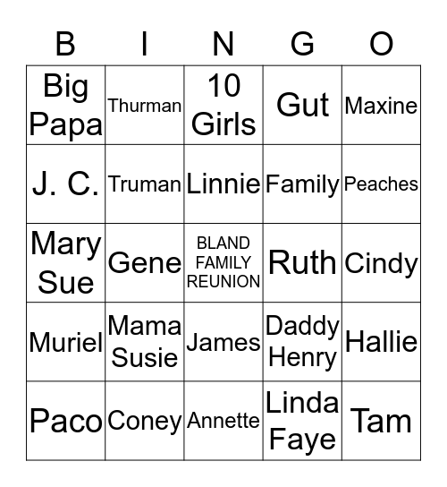 Bland Family Reunion Bingo Card
