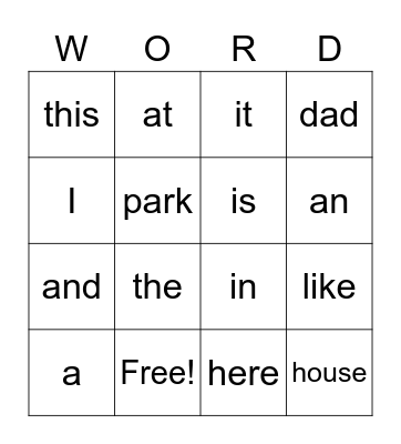 Snap Word Bingo Card