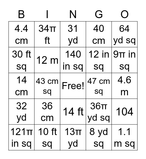 Area, Perimeter, and Circumference Bingo Card