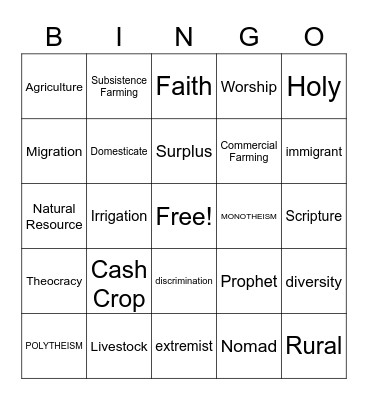 Rural Vocabulary Bingo Card