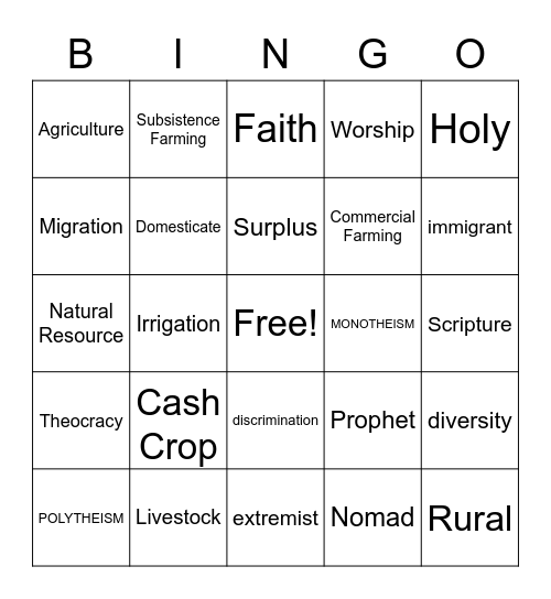 Rural Vocabulary Bingo Card