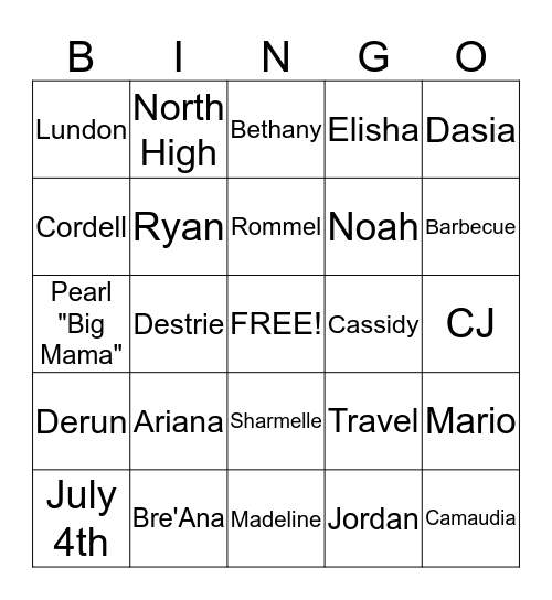 HOLMES-MANNING FAMILY REUNION 2015 Bingo Card