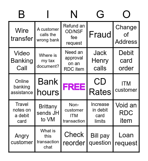 ITM VIDEO BANKING Bingo Card