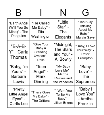 "Baby, Angel, Stars, Night" Songs Bingo Card
