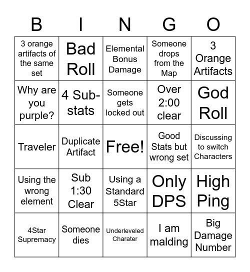 Genshin Impact Coop Artifact Board Bingo Card