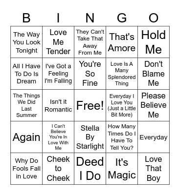 Classic Love Songs Bingo Card
