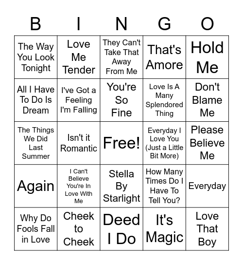 Classic Love Songs Bingo Card
