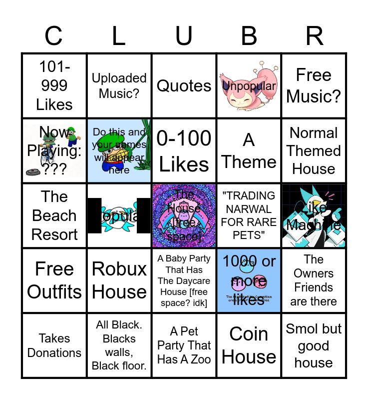 Club Roblox Party Bingo Card