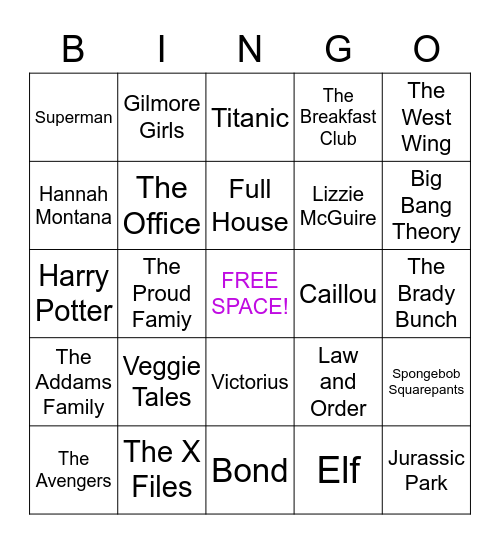 Theme Song Singo Bingo Card