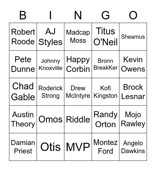 Mens Rumble Bingo Card