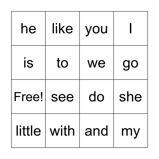 Sight Words Bingo Card
