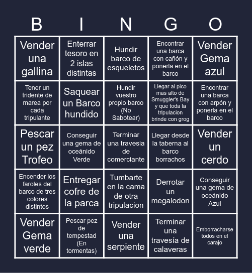 Sea Of Thieves Bingo Card