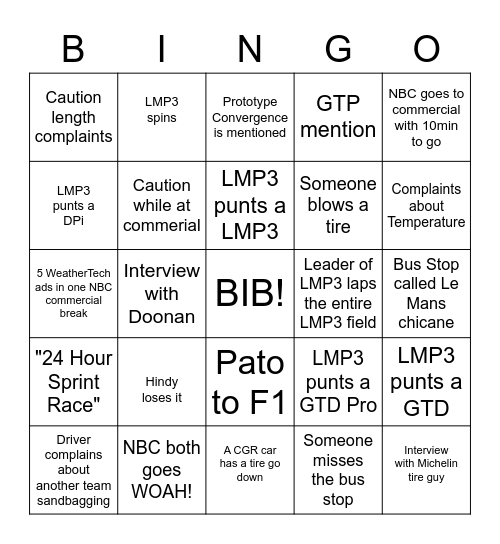 Daytona 24 Bingo Card