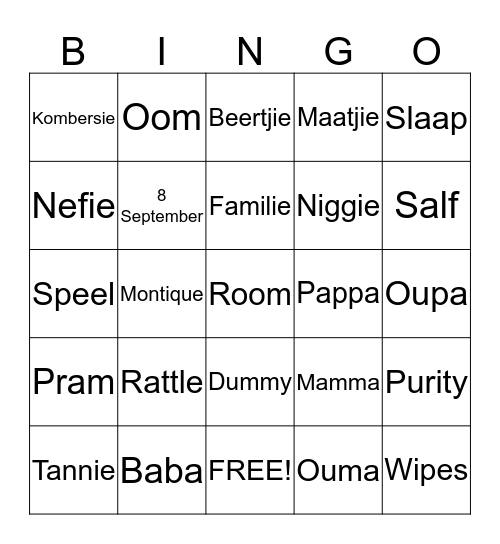 Kegan's Baby Shower Bingo Card