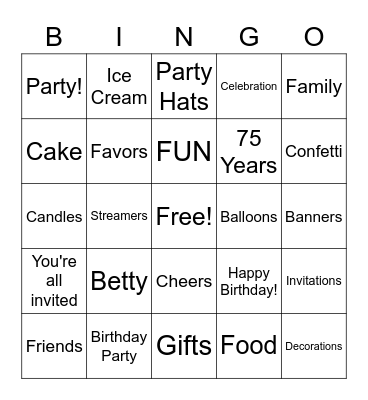 Betty's 75th Birthday Party Bash Bingo Card