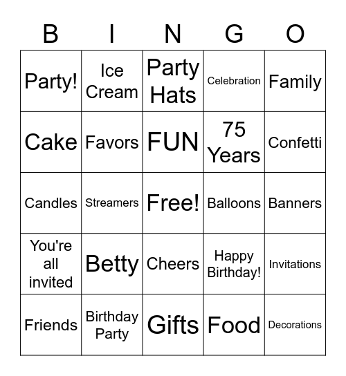 Betty's 75th Birthday Party Bash Bingo Card