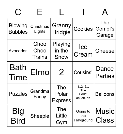 Celia's Favorite Things Bingo Card