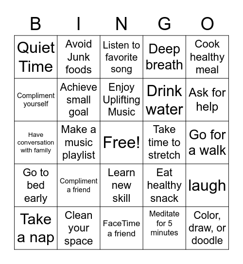 Healthy Habits Bingo Card