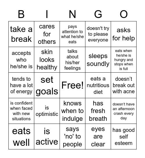 Mental and physical health Bingo Card