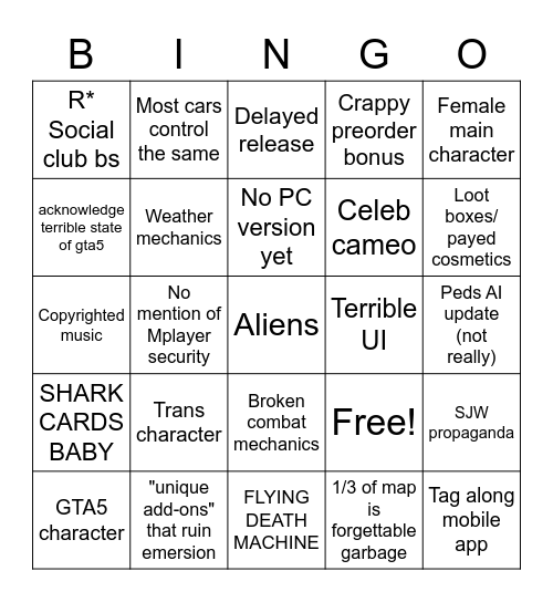 GTAVI Trailer Predictions Bingo Card