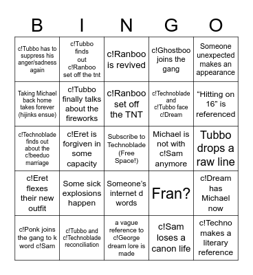 January 30th DSMP Lore Bingo Card