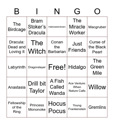 My Favorite Movies Bingo Card