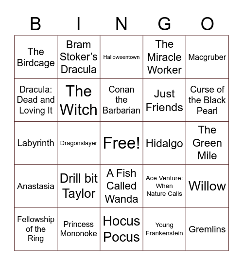 My Favorite Movies Bingo Card