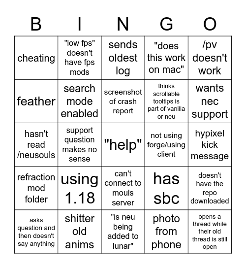 NEU Support Bingo Card