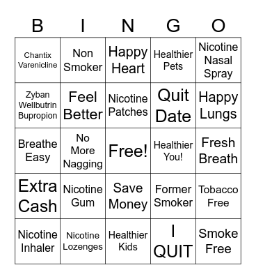 Tobacco Free Bingo Card