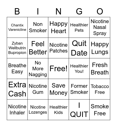 Tobacco Free Bingo Card