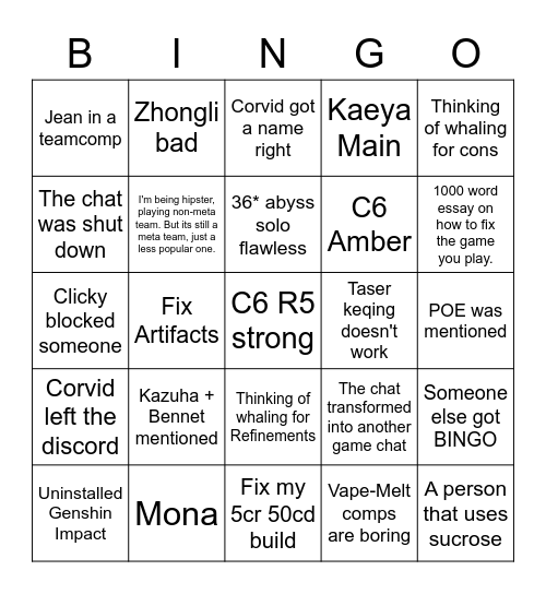 Genshin Bingo Card