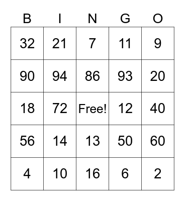 Number Bingo Card