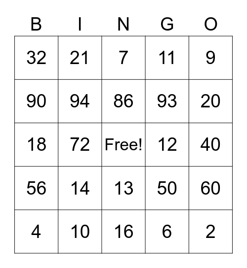 Number Bingo Card
