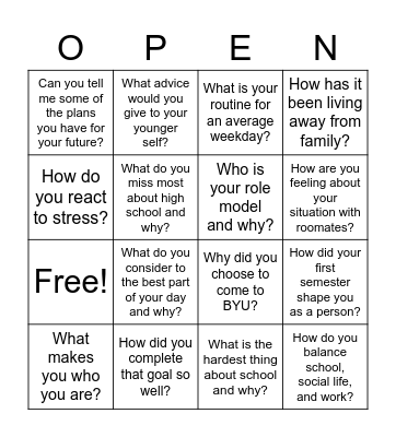 Open-Ended Questions Bingo Card