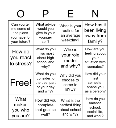 Open-Ended Questions Bingo Card