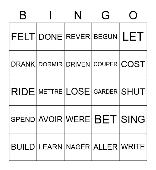 Irregular verbs Bingo Card