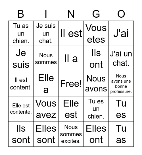 Etre & Avoir Bingo Card