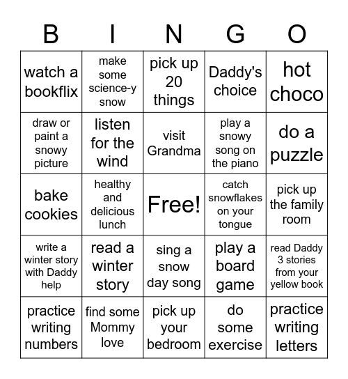 Snow Day Bingo! Bingo Card