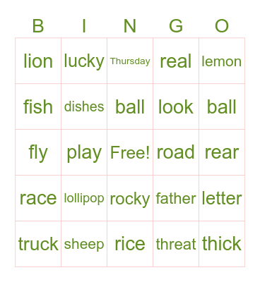 Speech Sounds Bingo Card