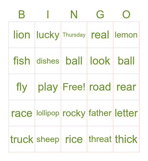 Speech Sounds Bingo Card