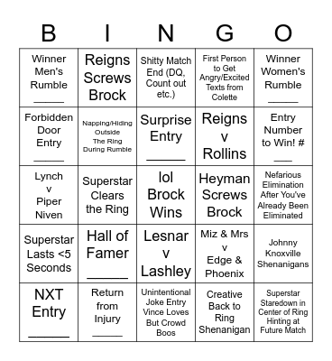 Royal Rumble 2022 Bingo Card