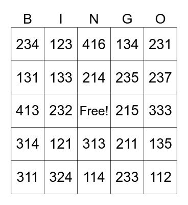 Table Number Bingo Card