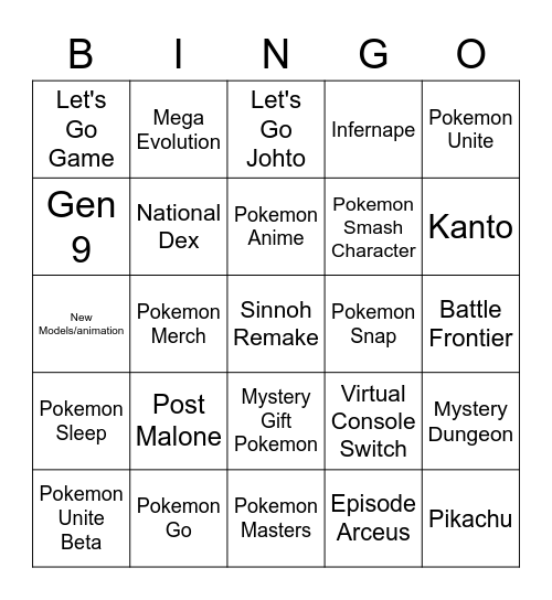 Pokemon Direct Bingo Card