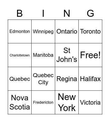 Canadian Provinces and Capitals Bingo Card