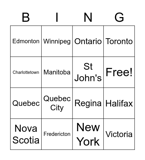 Canadian Provinces and Capitals Bingo Card